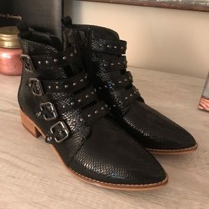 Black shiny snakeskin booties with buckles